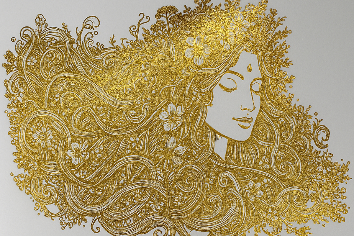 Gold foil used on a design of a woman with flowing hair
